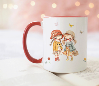 Best friends Mug, artwork of two girls on a white mug, with the occasional flower, vintage style and the text on the back 'Some friends are like gold, precious and rare, others are like autumn leaves found everywhere'. Mug has red handles and inside.