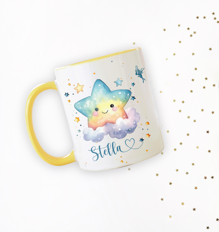 The art of personalising your Gifts. A personalised mug with two gift wrapped in sparkly gold boxes.