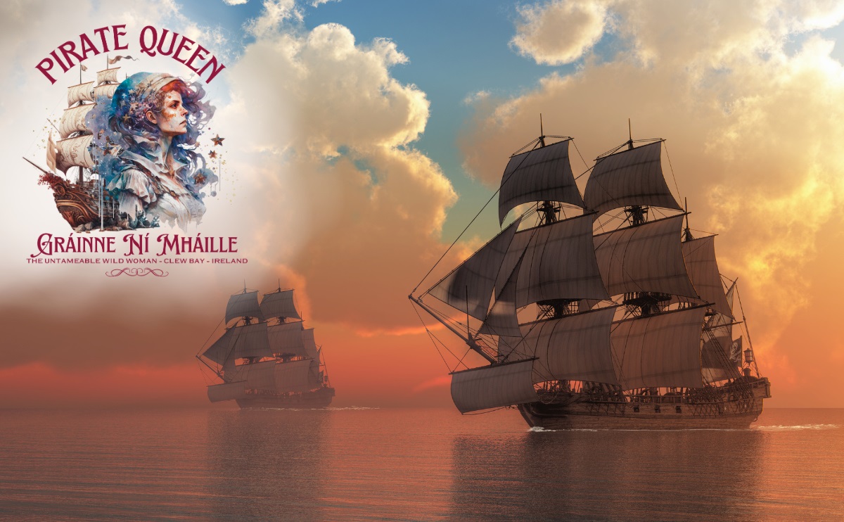 Grainne Ni Mhaille Grace O'Malley Pirate Queen of Ireland, Blog header picture of the sea sunset and pirate ships.