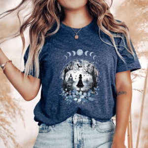 Dark academie Faerie Fairycore Tee shirt in Heather Navy worn by a women in a mystic boho setting