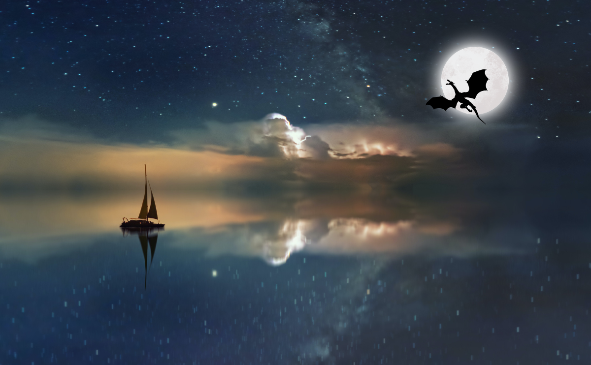 Here are 10 ways to bring more magic into your everyday life. Image of Boat on the water with the full moon and a dragon flying through it.