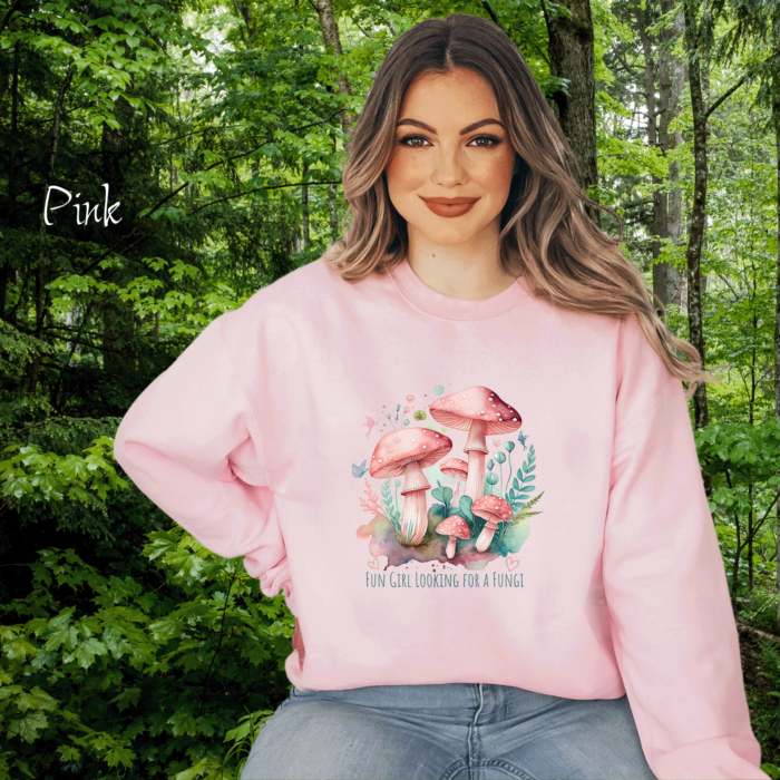 Funny fungi pink sweatshirt is a cute mycology pullover with a Teal and Pink graphic and the text, Fun Girl looking for a Fungi.