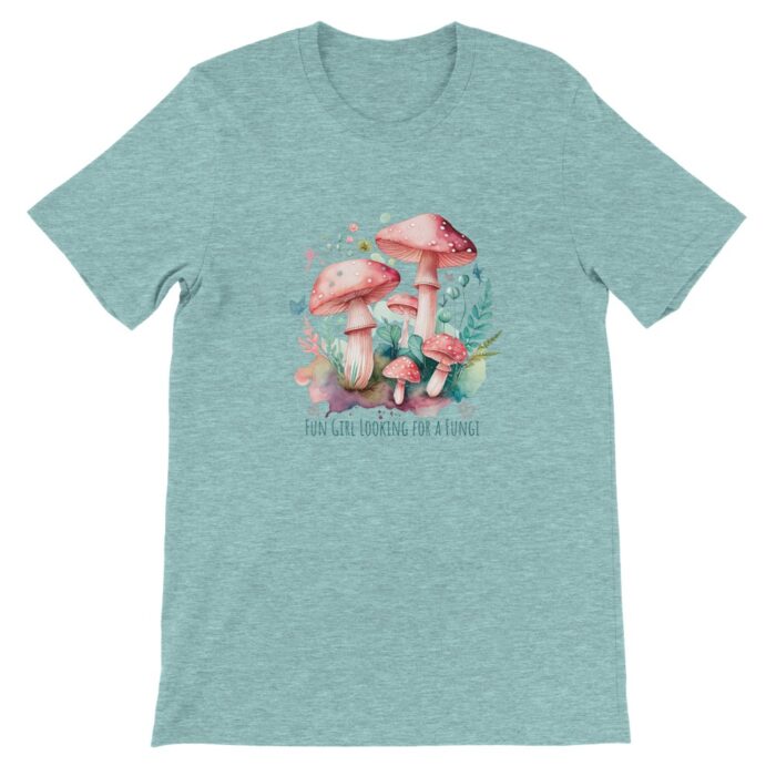 Funny Cute Mycology t-shirt, colour Ice Blue Heather. Quote: Fun Girl Looking for a Fungi, with gorgeous teal and pink mushroom graphic