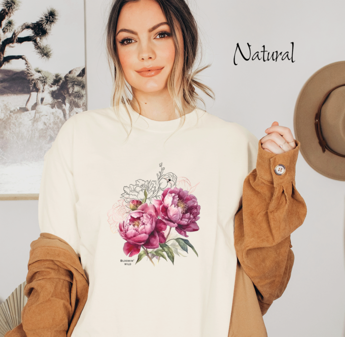 Botanical Chic Elegant Floral Peony Tshirt with the quote Bloomin' Wild