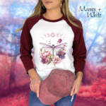 Dragonfly Dreams Cottagecore Raglan 3/4 Length Sleeves T-shirt, White with Maroon Sleeves, Cute Cottagecore Boho Dream Design