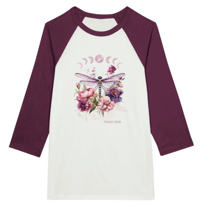 dragonfly dreams maroon and white raglan long sleeved tshirt